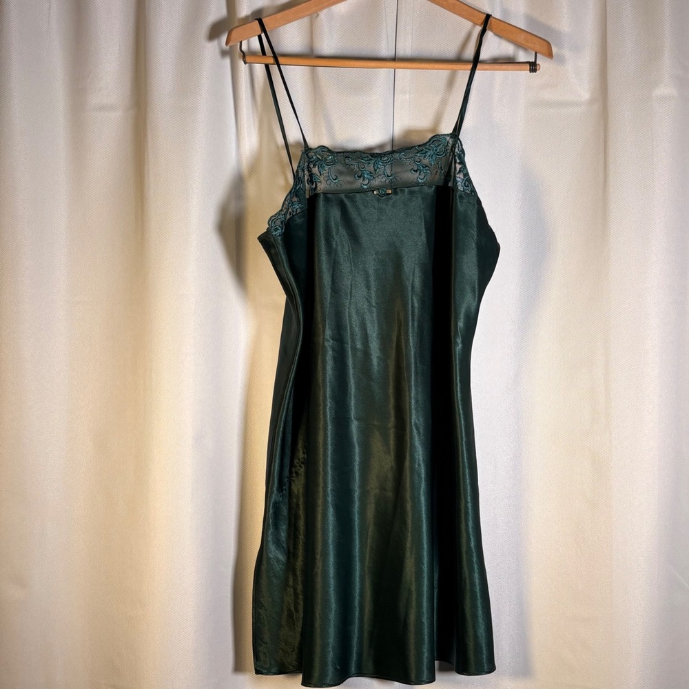 Vintage 90s California Dynasty Emerald Satin Slip Dress Lace Whimsigoth Y2K